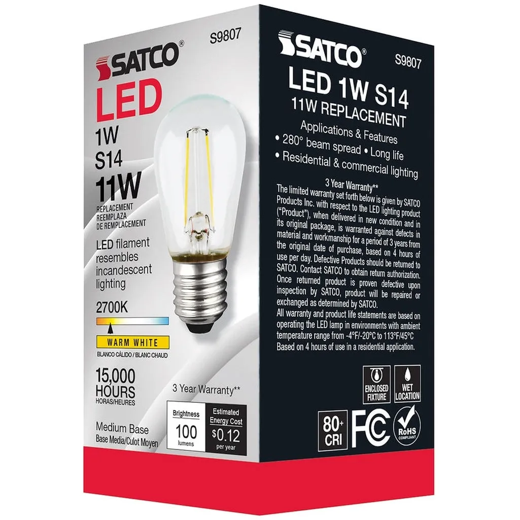 1 Watt LED - S14 - Clear - Medium base - 2700K - 120V - 6-Pack