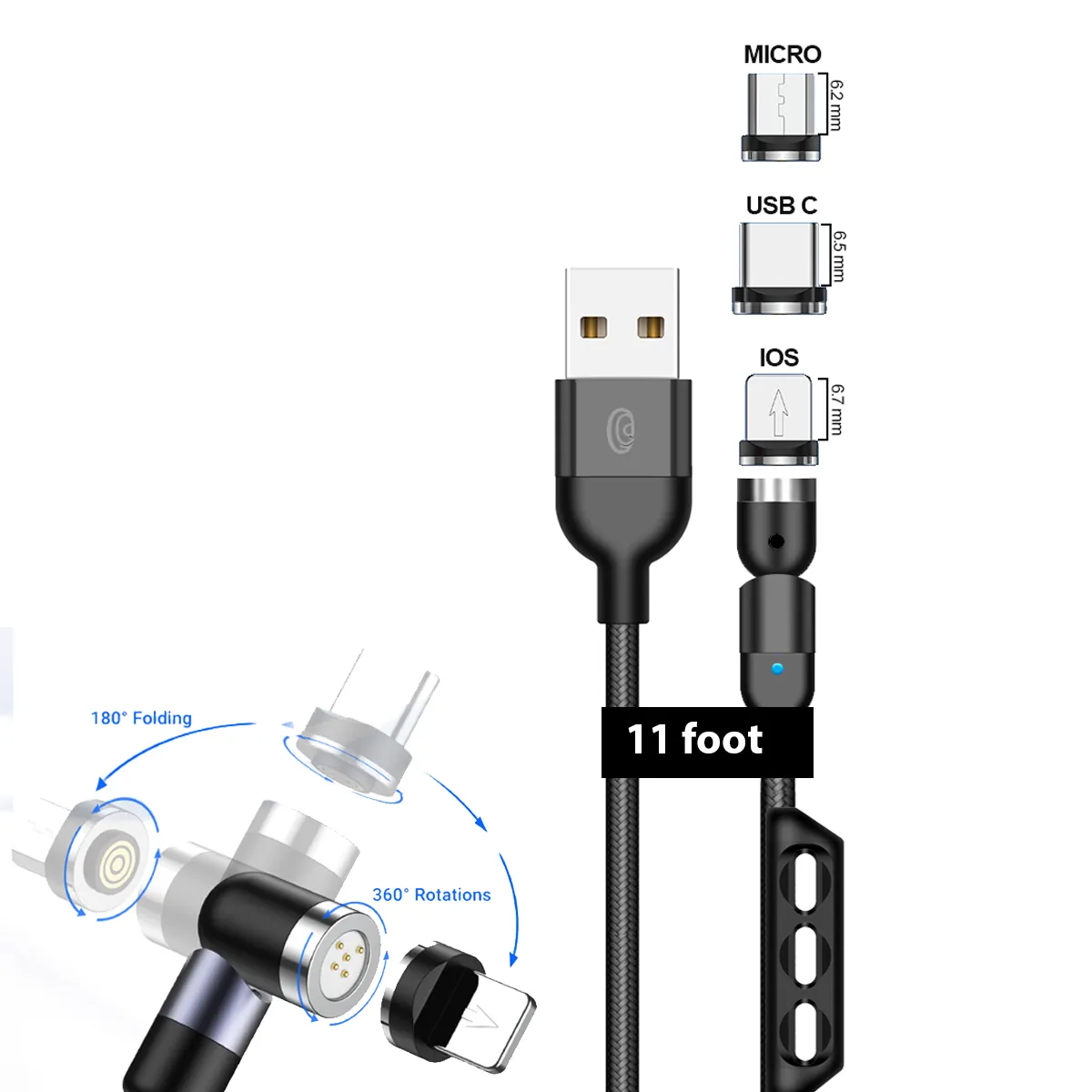 1 x 11 foot (3M) 5-Pin magnetic cable pack / 1 cable, 3 tips (Micro USB, USB Type-C) with tip holder included