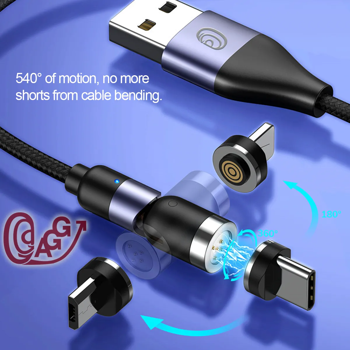 1 x 11 foot (3M) 5-Pin magnetic cable pack / 1 cable, 3 tips (Micro USB, USB Type-C) with tip holder included