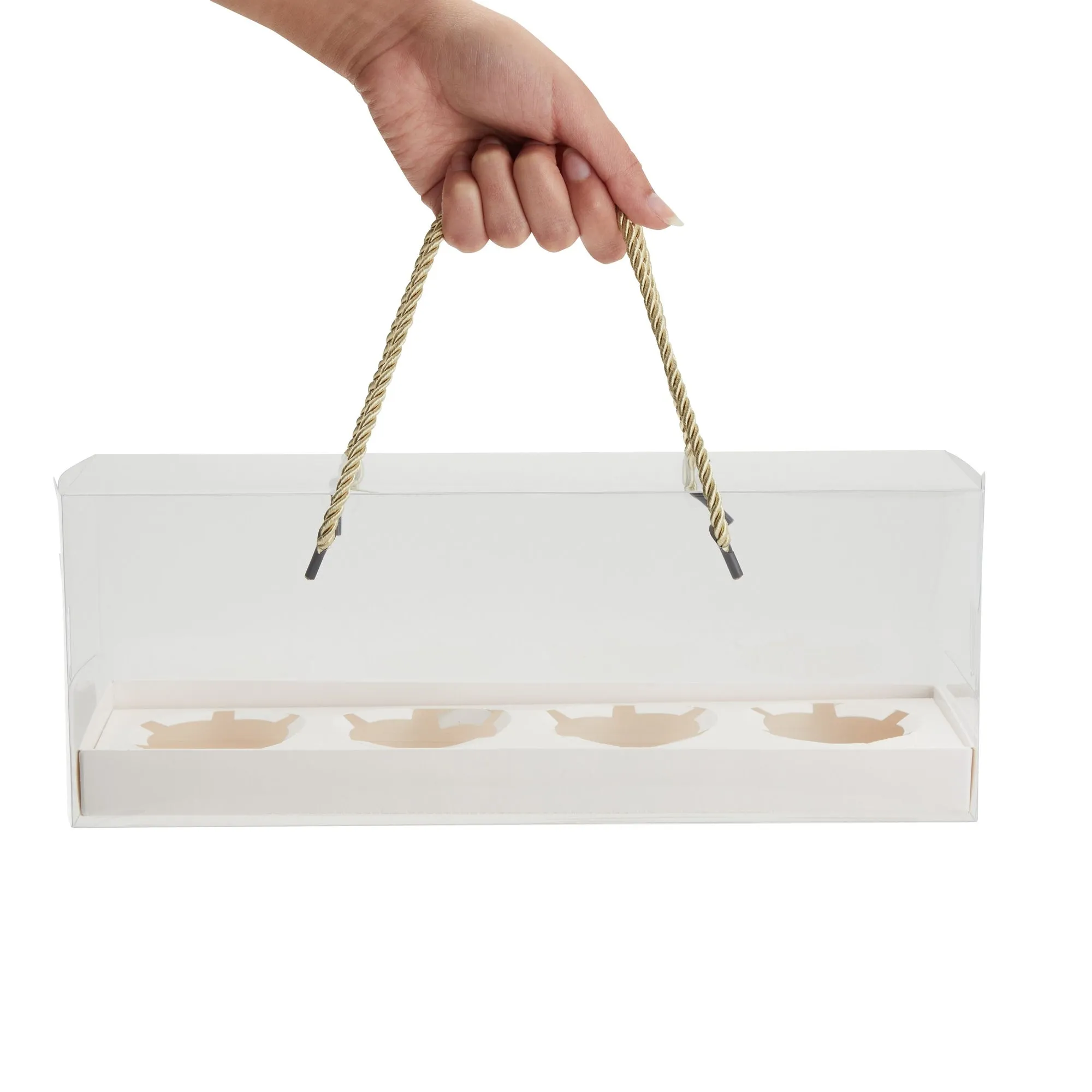 12 Pack Clear Cupcake Boxes with Gold Rope Handle and White Inserts, 4 Compartments (12.7 x 4.7 x 3.6 In)