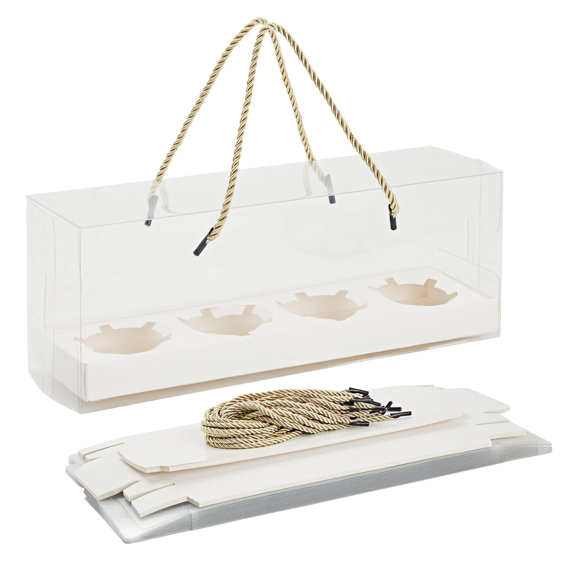 12 Pack Clear Cupcake Boxes with Gold Rope Handle and White Inserts, 4 Compartments (12.7 x 4.7 x 3.6 In)