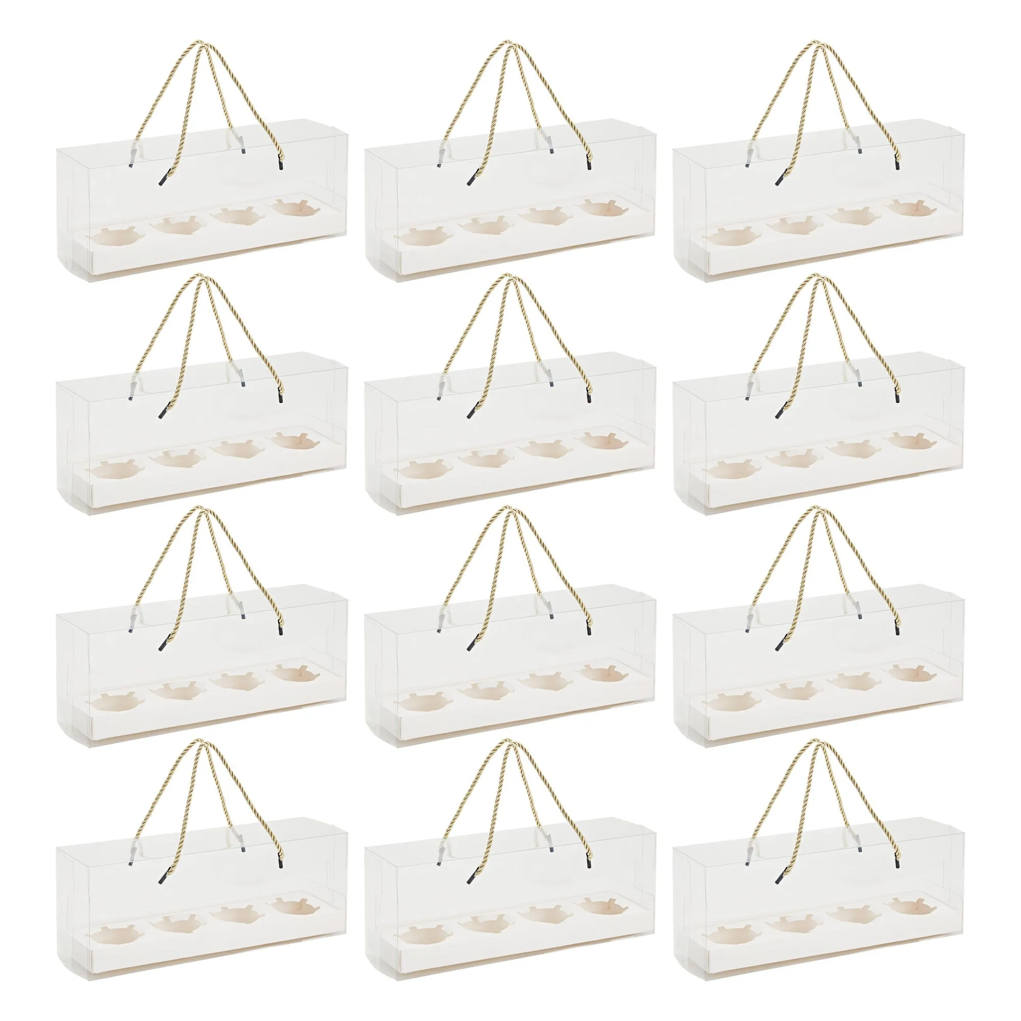 12 Pack Clear Cupcake Boxes with Gold Rope Handle and White Inserts, 4 Compartments (12.7 x 4.7 x 3.6 In)