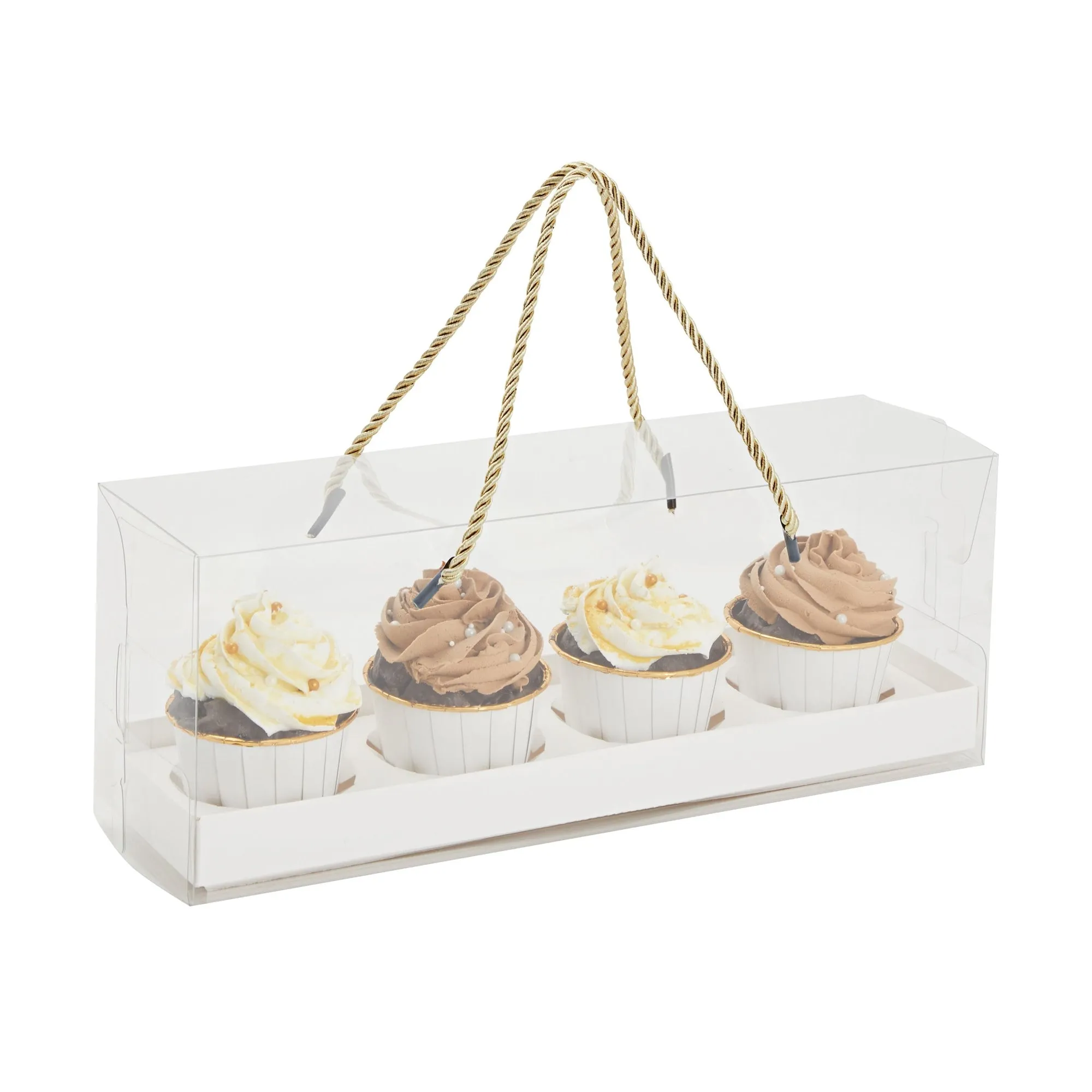 12 Pack Clear Cupcake Boxes with Gold Rope Handle and White Inserts, 4 Compartments (12.7 x 4.7 x 3.6 In)