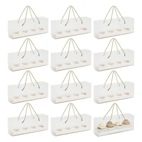 12 Pack Clear Cupcake Boxes with Gold Rope Handle and White Inserts, 4 Compartments (12.7 x 4.7 x 3.6 In)