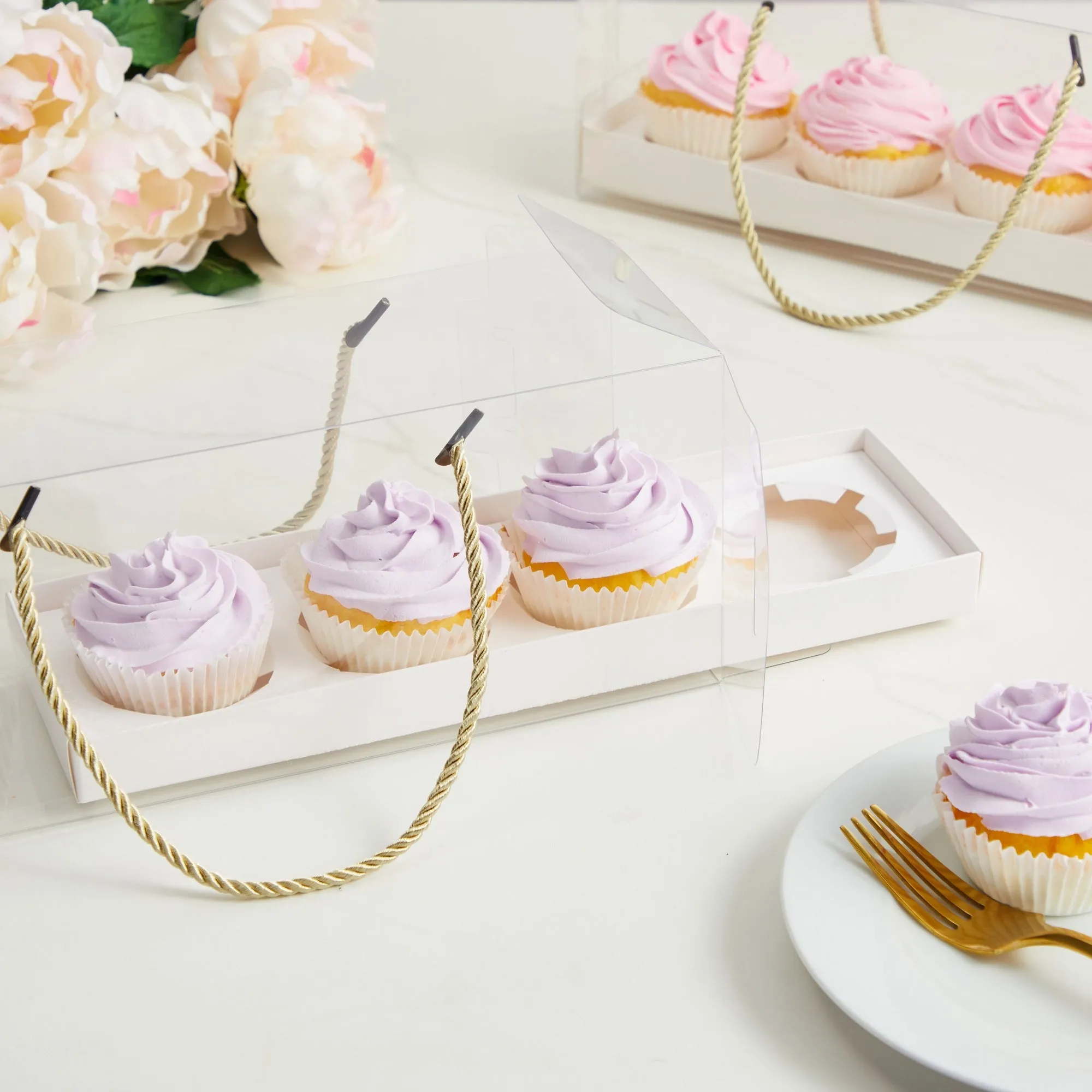 12 Pack Clear Cupcake Boxes with Gold Rope Handle and White Inserts, 4 Compartments (12.7 x 4.7 x 3.6 In)