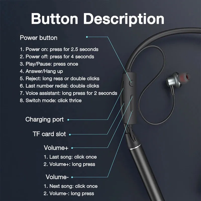 180 Hour Endurance Bluetooth Bass Stereo Wireless Neckband Earphones with Mic