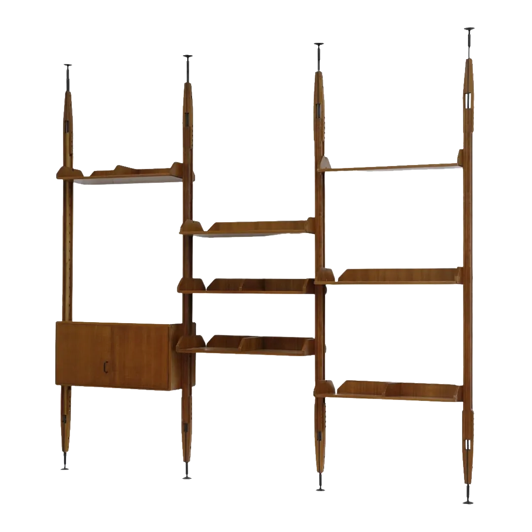 1950s Italian : teakwood 3-bay wall shelving unit