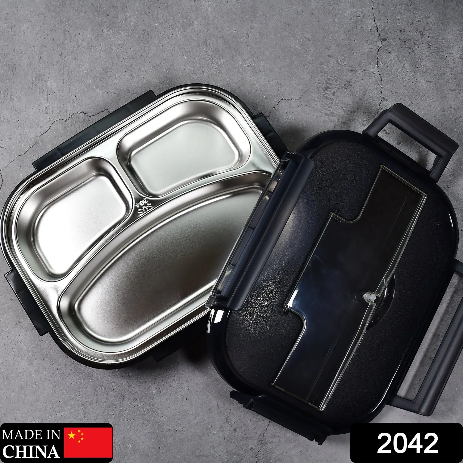 2042 Black Lunch Box for Kids and adults, Stainless Steel Lunch Box with 3 Compartments With spoon slot.