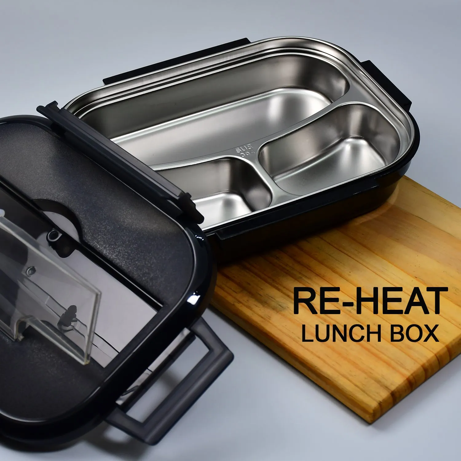 2042 Black Lunch Box for Kids and adults, Stainless Steel Lunch Box with 3 Compartments With spoon slot.