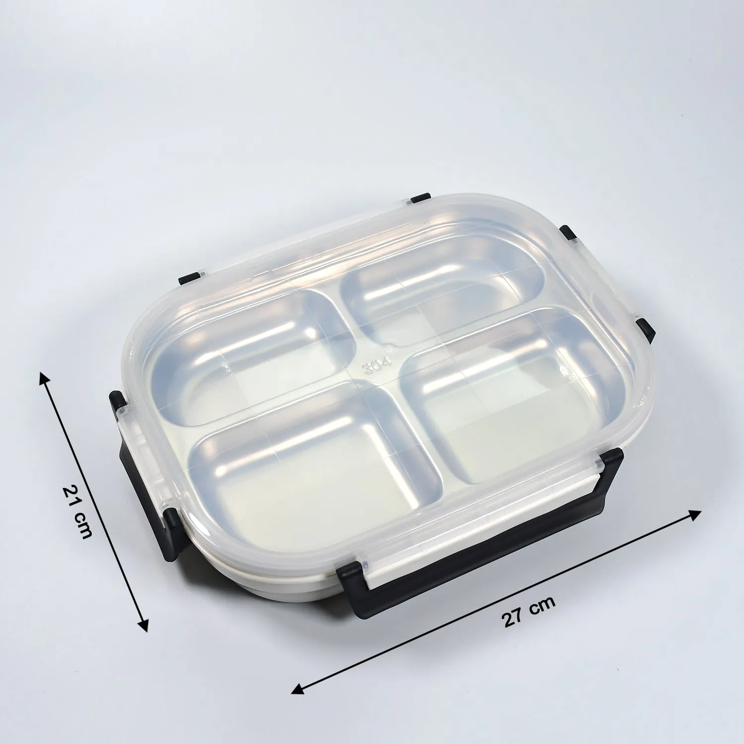 2043 White Transparent 4 Compartment Lunch Box for Kids and adults, Stainless Steel Lunch Box with 4 Compartments.