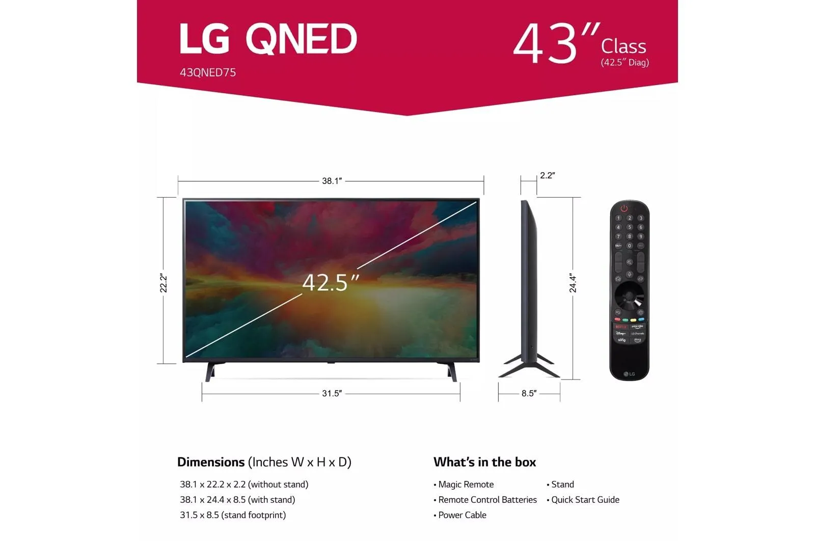 43QNED75URA LG 43 Inch Class QNED75 series LED 4K UHD Smart webOS 23 w/ ThinQ AI TV