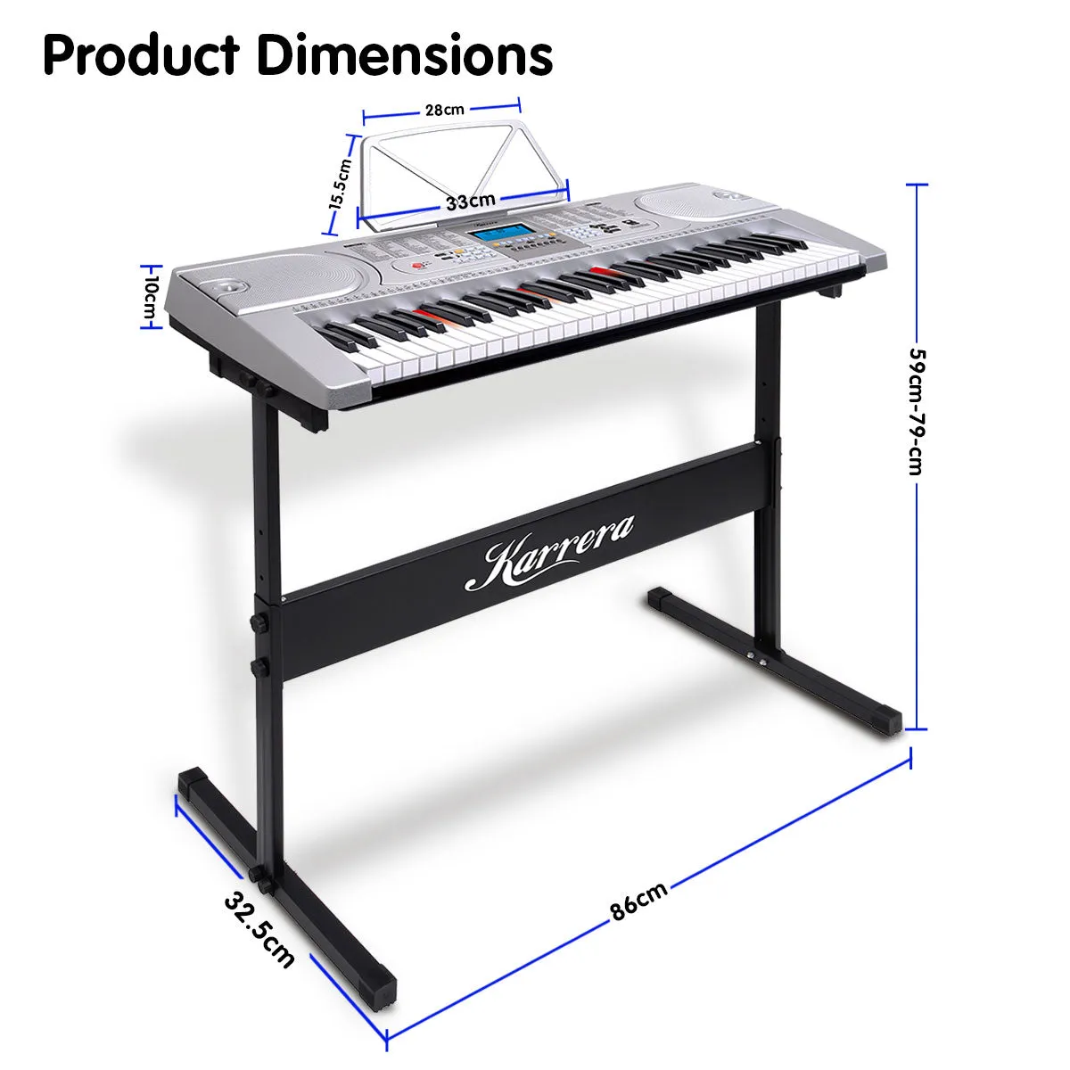 61-Key LED Keyboard Piano w/ Stand, 255 Rhythms, Silver, Karrera