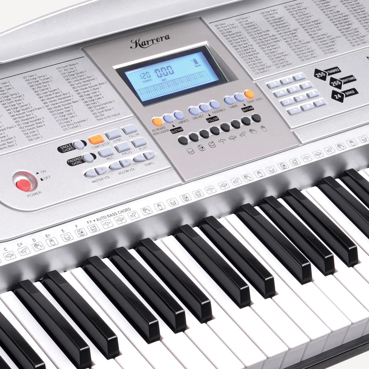 61-Key LED Keyboard Piano w/ Stand, 255 Rhythms, Silver, Karrera