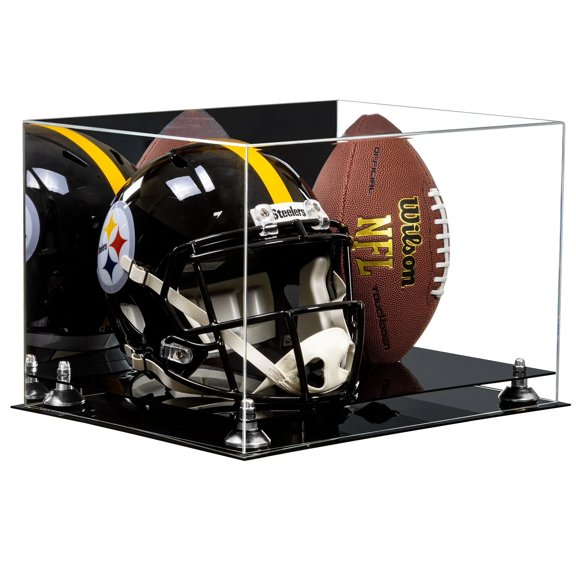 Acrylic Full-Size Football and Helmet Display Case - Large Rectangle Box with Mirror Top 18" x 14" x 12" (A014, V60)