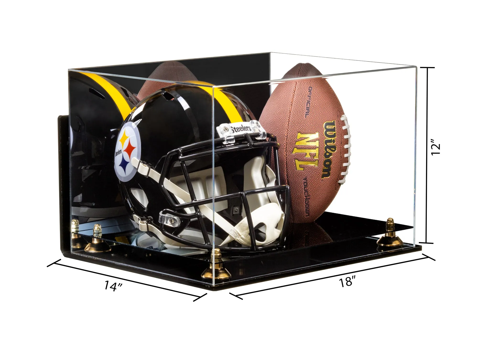 Acrylic Full-Size Football and Helmet Display Case - Large Rectangle Box with Mirror Top 18" x 14" x 12" (A014, V60)