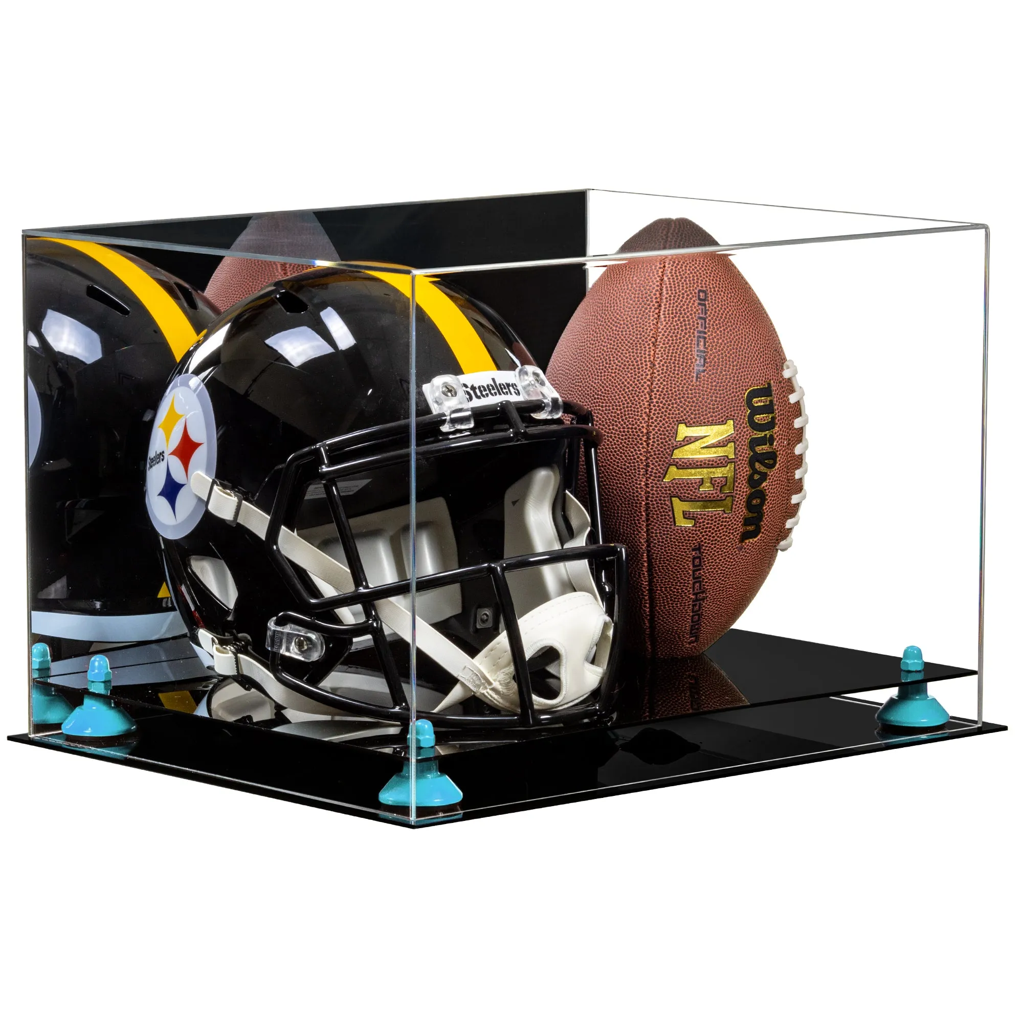 Acrylic Full-Size Football and Helmet Display Case - Large Rectangle Box with Mirror Top 18" x 14" x 12" (A014, V60)