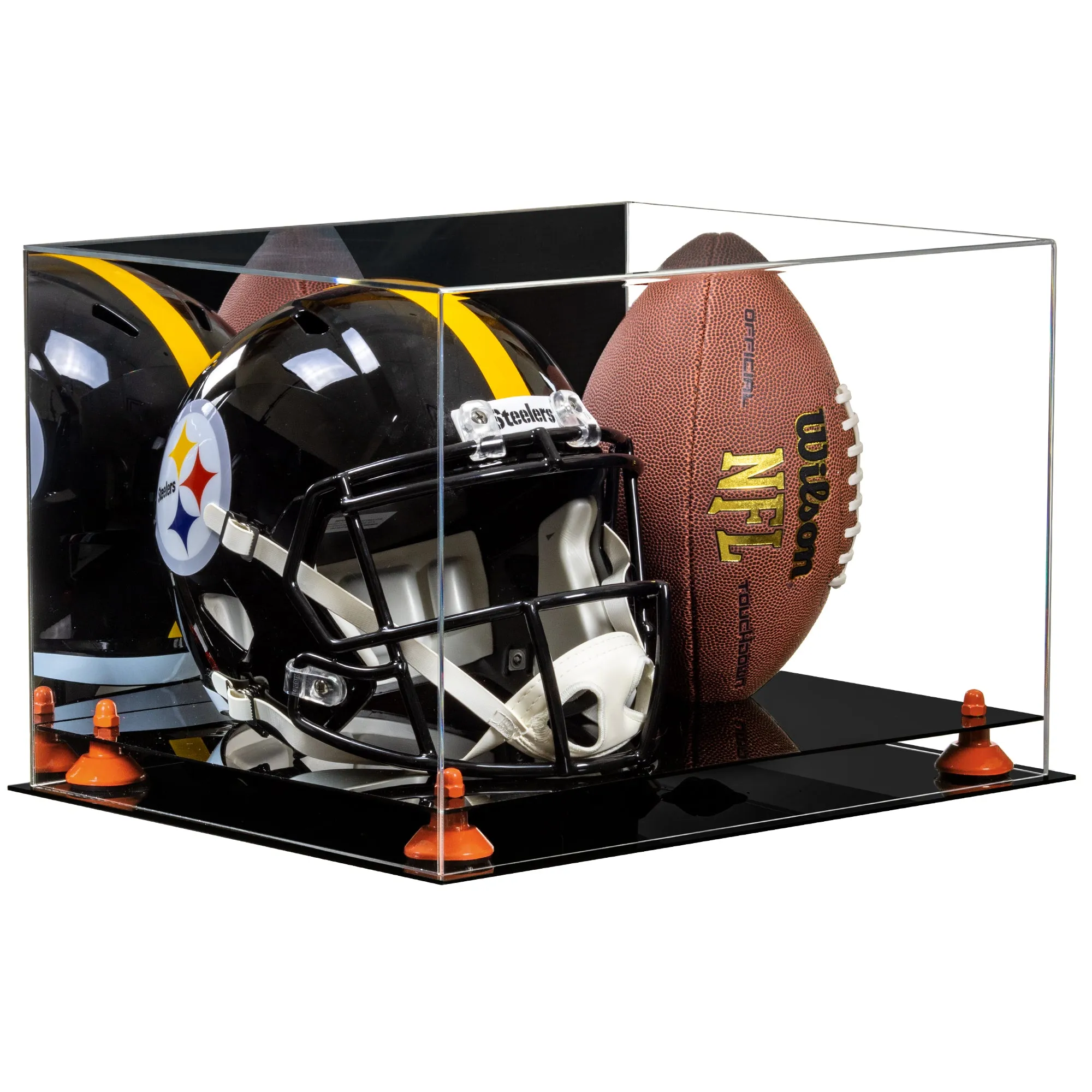 Acrylic Full-Size Football and Helmet Display Case - Large Rectangle Box with Mirror Top 18" x 14" x 12" (A014, V60)