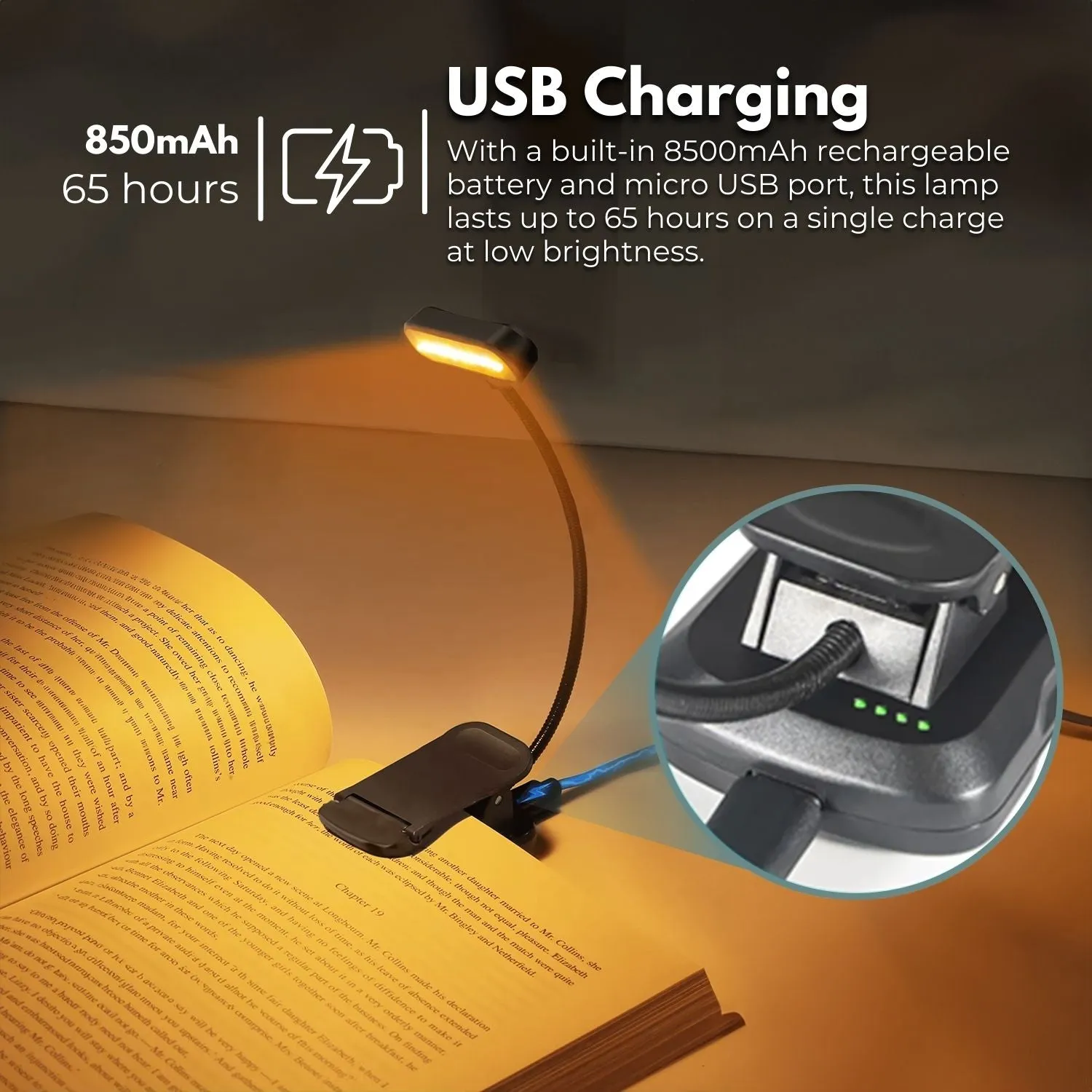 Adjustable Brightness LED Book Light with USB, 15 LEDs