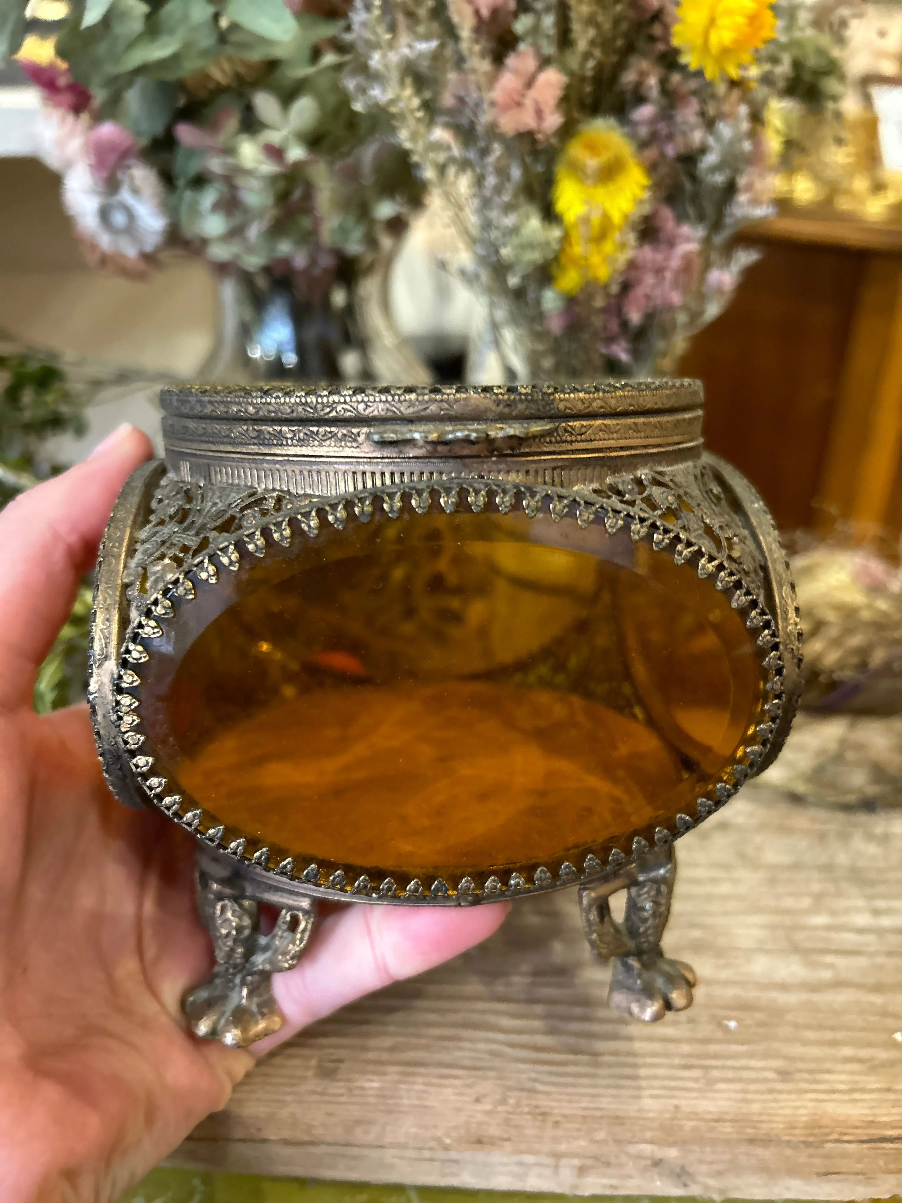 Amber Glass Filigree Jewelry Casket Box