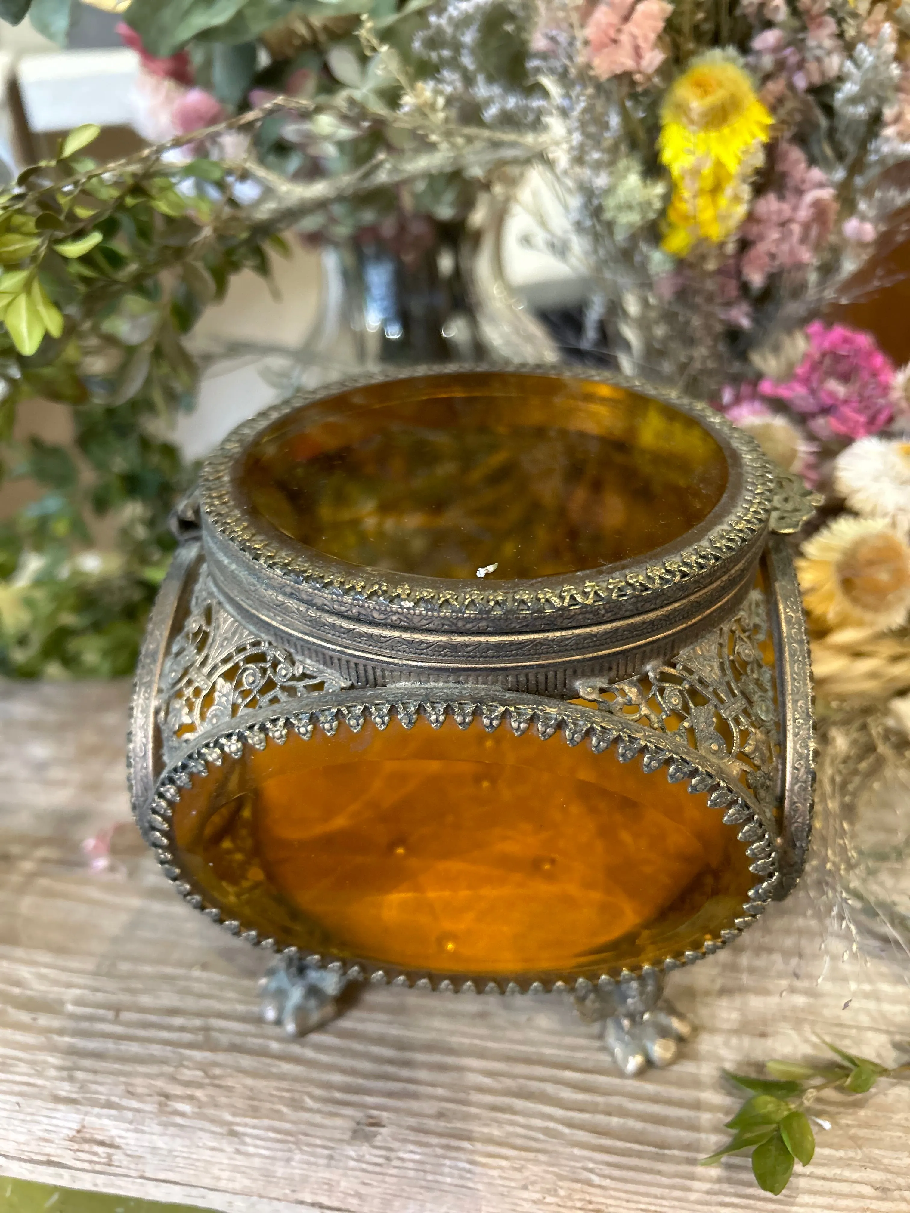 Amber Glass Filigree Jewelry Casket Box