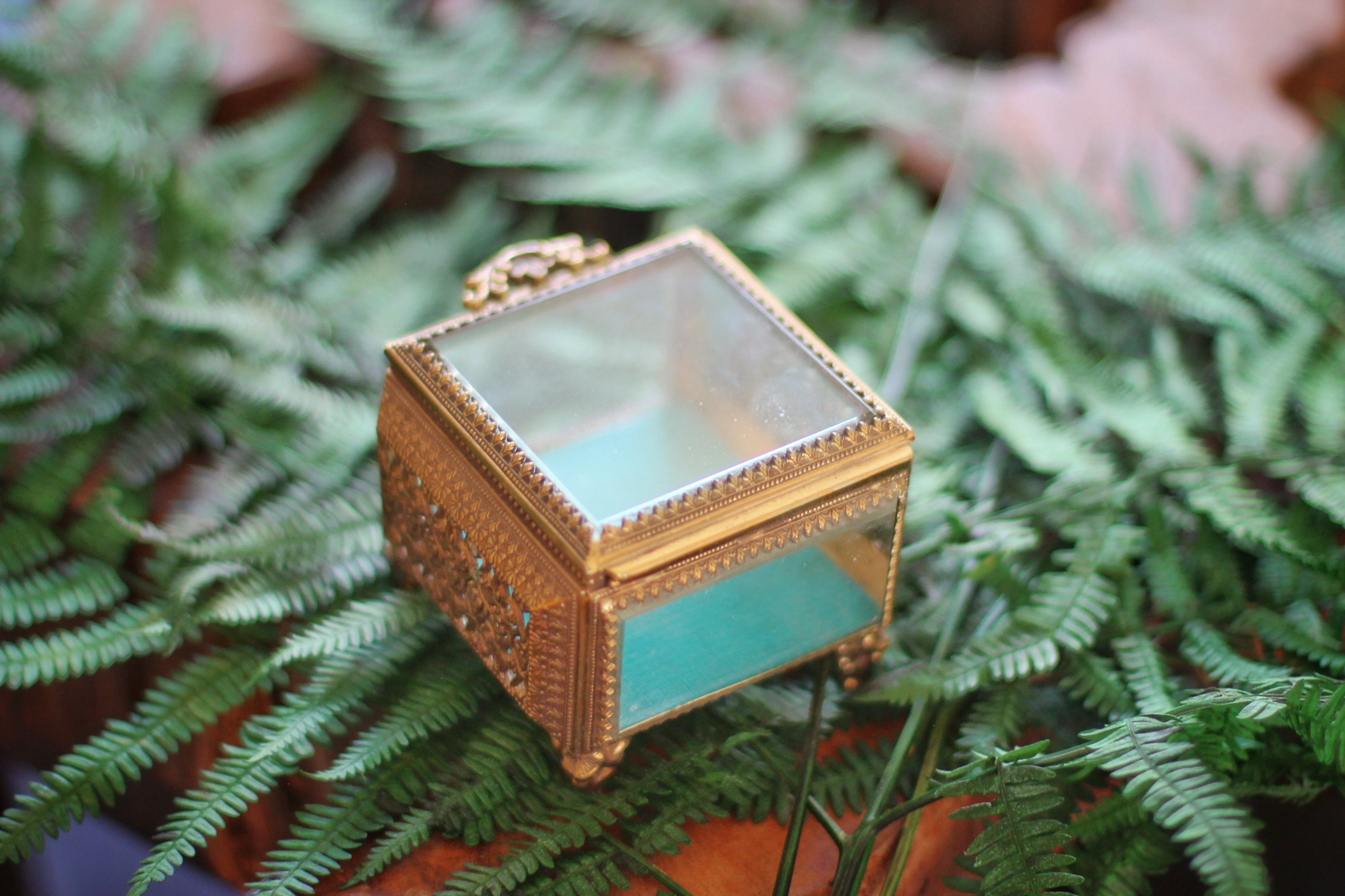 Antique Turquoise Square Filigree Jewelry Box