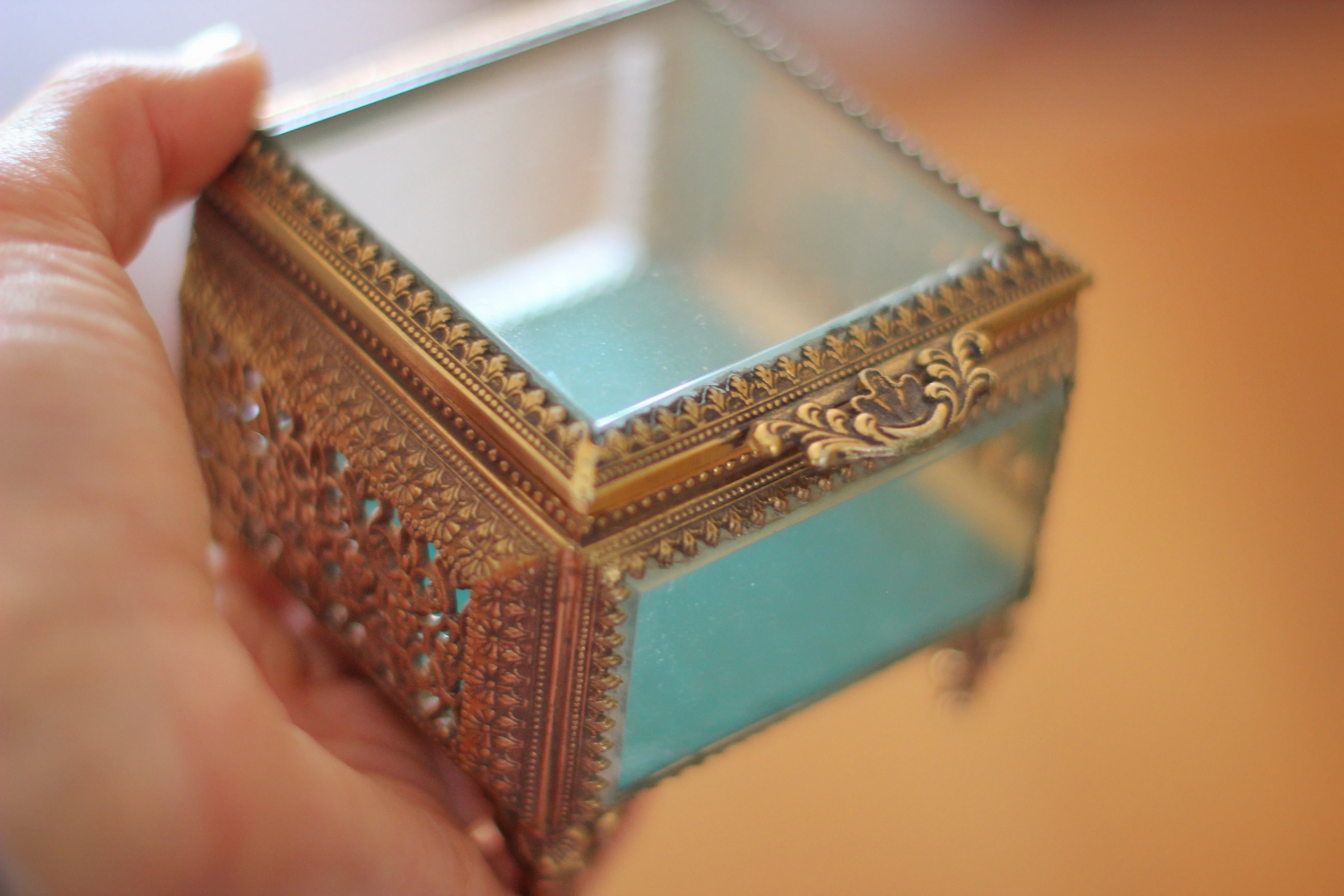 Antique Turquoise Square Filigree Jewelry Box