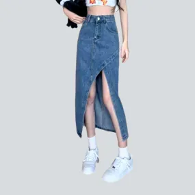 Asymmetric wide slit denim skirt