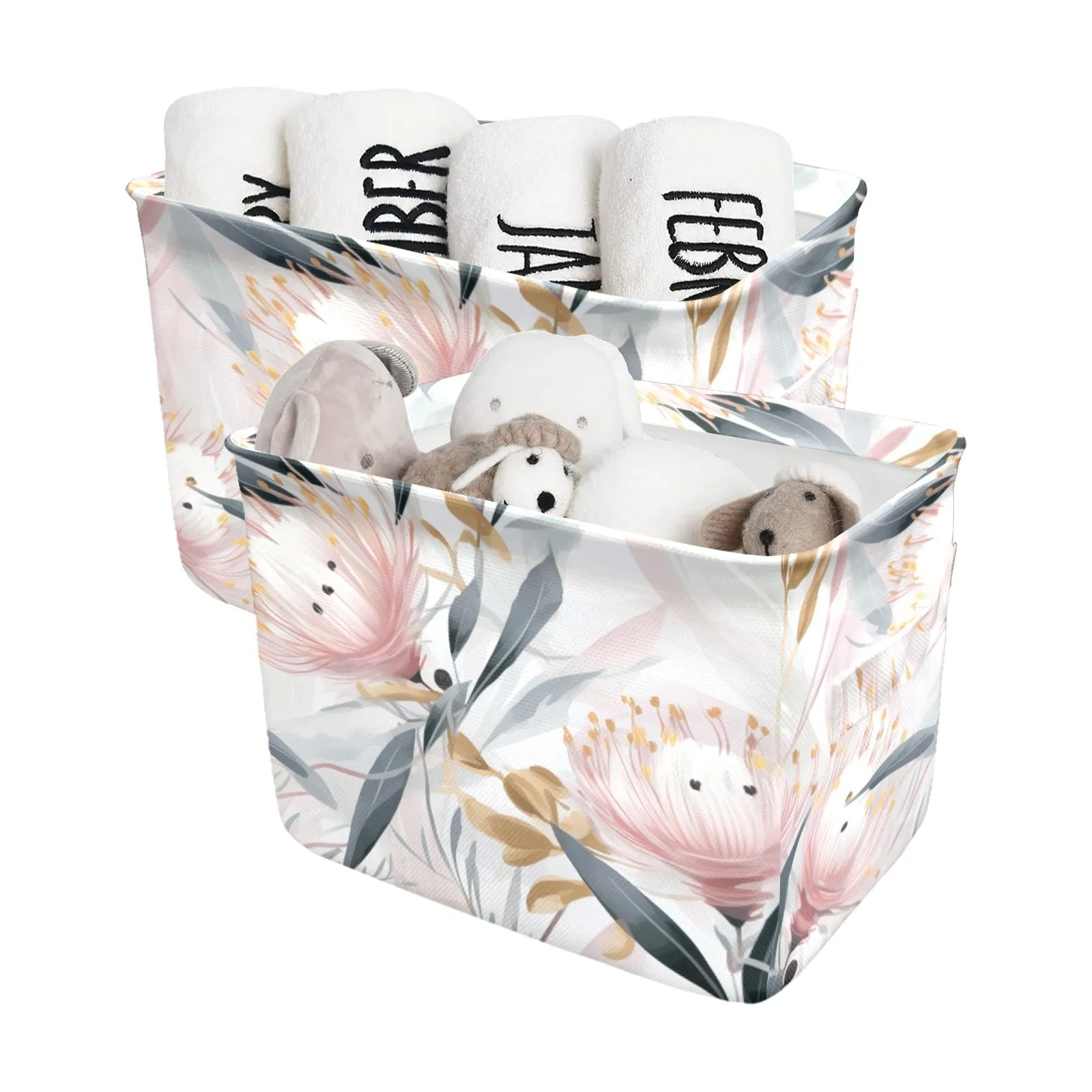 Australian Floral Pink & Grey Fabric Storage Basket