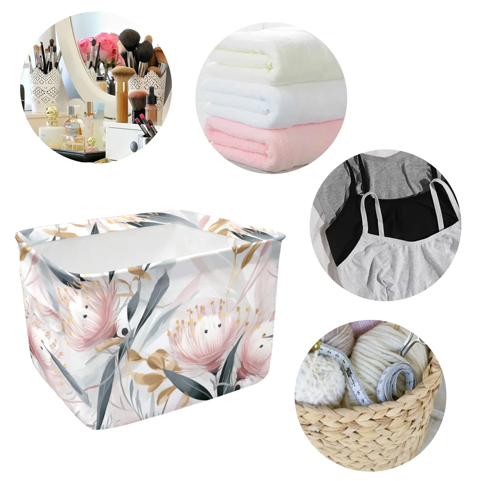 Australian Floral Pink & Grey Fabric Storage Basket