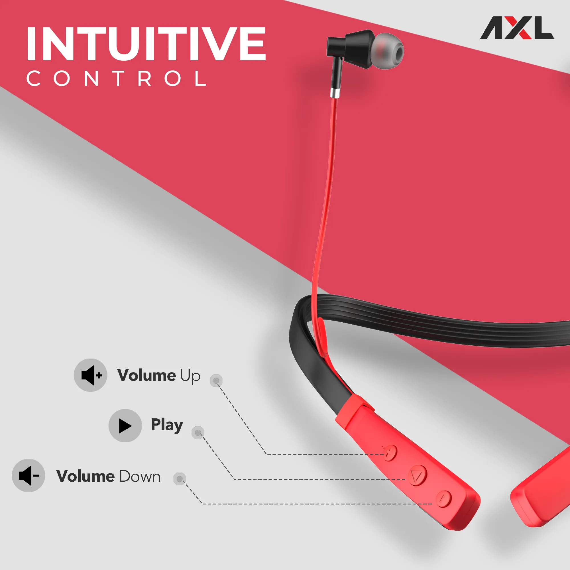 AXL ABN07 Wireless Neckband with Up to 22 Hour Playtime, Adjustable Clip, Passive Noise Cancellation, Magnetic Earbuds, Bluetooth V5.0 and Built-in Mic Flexible Neckband Black/Red