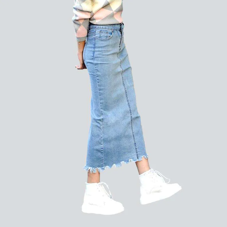 Back slit long denim skirt