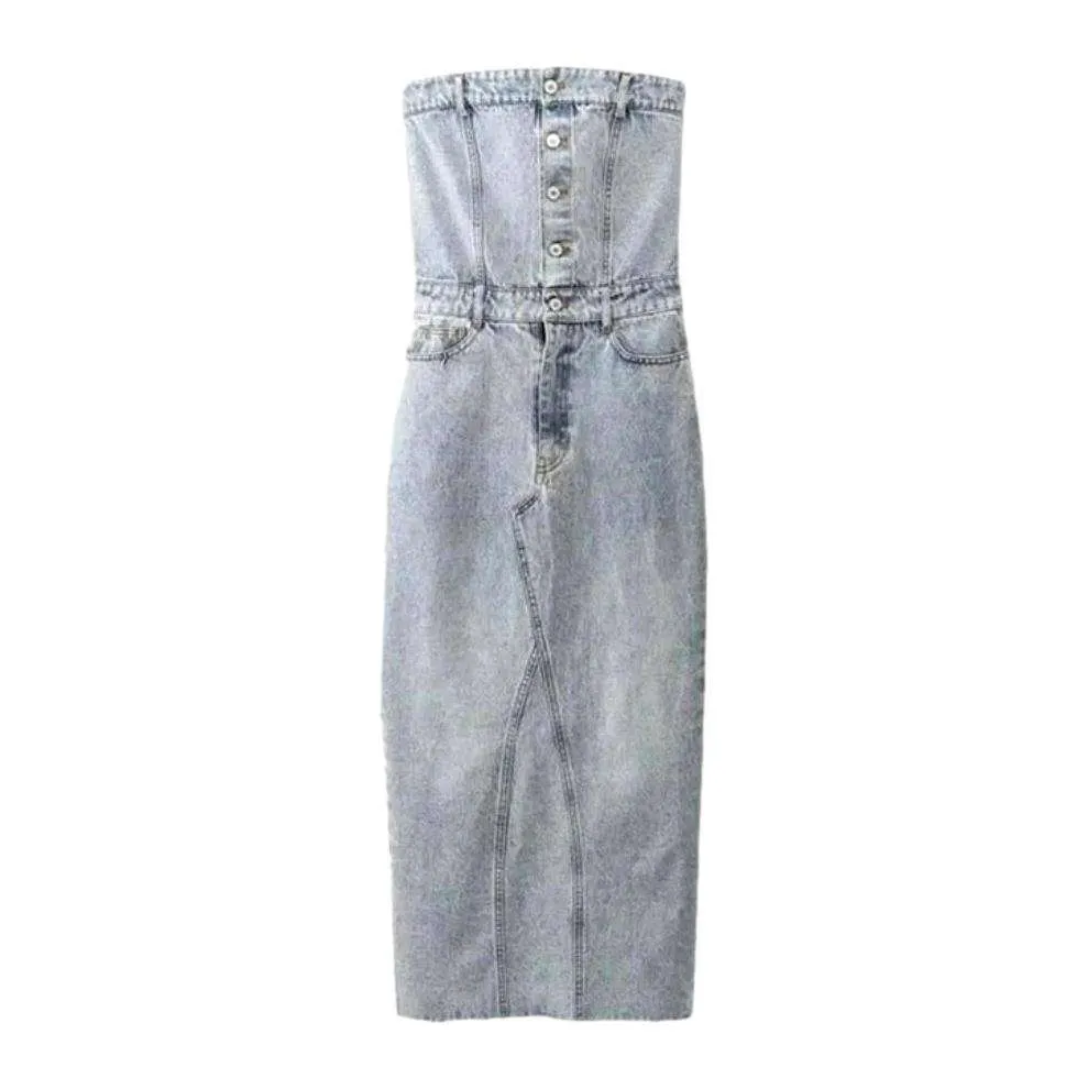 Back slit strapless denim dress