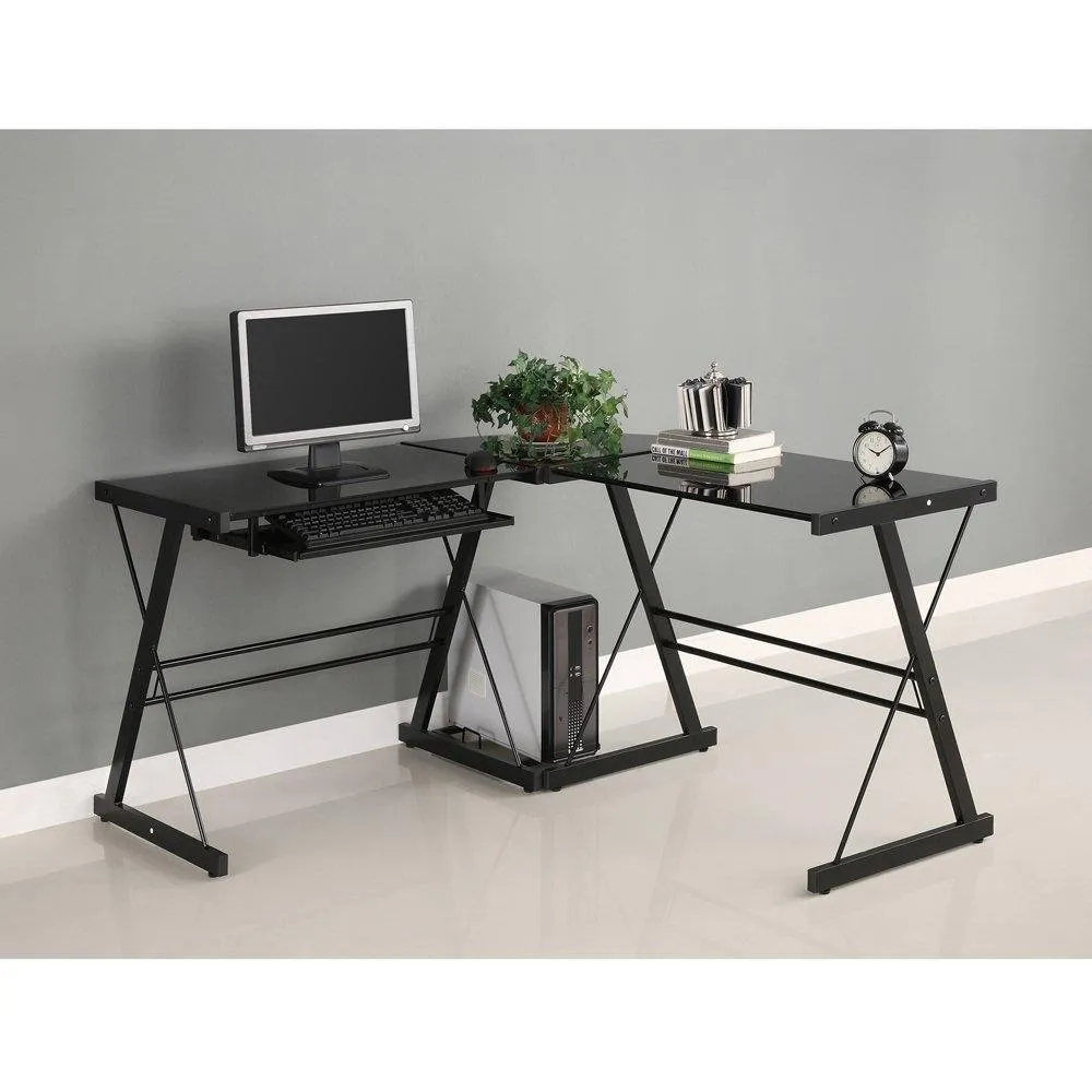 Black Metal and Glass Corner L-Shaped Computer Desk