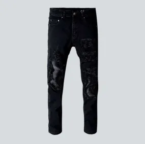 Black patch stretch biker jeans