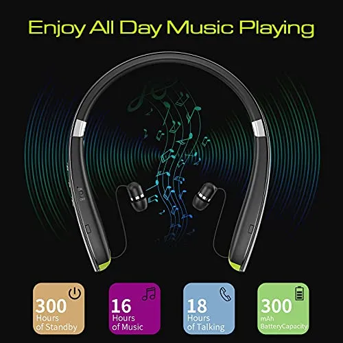 Bluetooth Headset, 2024 Upgraded Neckband Bluetooth Headphones with Retractable Earbuds, Noise Cancelling Stereo Earphones with Mic, Foldable Wireless Headphones for Sports Office with Carry Case