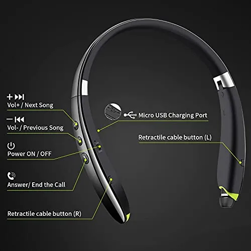 Bluetooth Headset, 2024 Upgraded Neckband Bluetooth Headphones with Retractable Earbuds, Noise Cancelling Stereo Earphones with Mic, Foldable Wireless Headphones for Sports Office with Carry Case