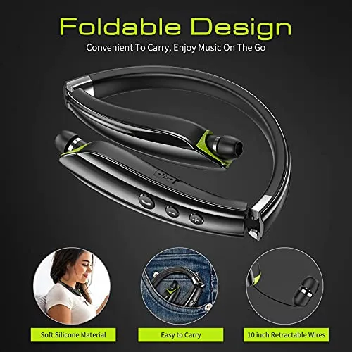 Bluetooth Headset, 2024 Upgraded Neckband Bluetooth Headphones with Retractable Earbuds, Noise Cancelling Stereo Earphones with Mic, Foldable Wireless Headphones for Sports Office with Carry Case