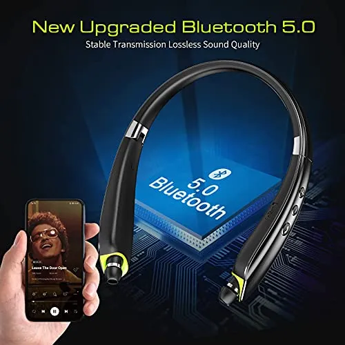 Bluetooth Headset, 2024 Upgraded Neckband Bluetooth Headphones with Retractable Earbuds, Noise Cancelling Stereo Earphones with Mic, Foldable Wireless Headphones for Sports Office with Carry Case