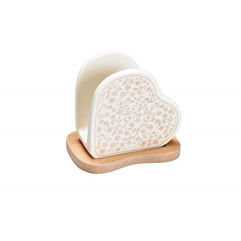 BRANDANI - Portatovaglioli Cuore Campo ai Fiori Porcellana Bamboo 11x6x9cm