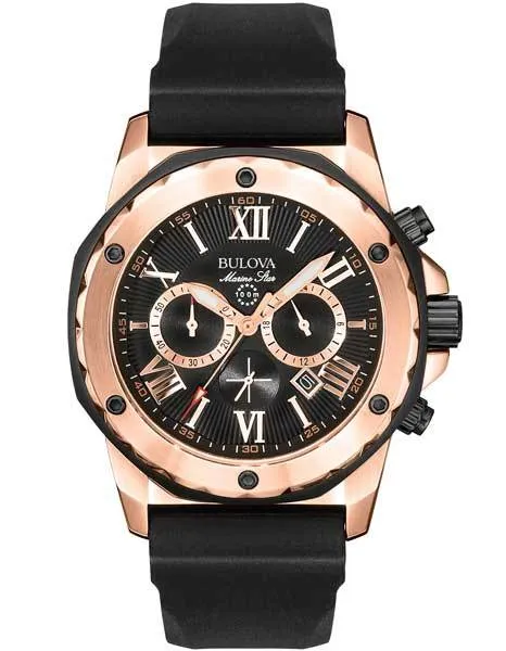 Bulova Mens Black Rubber & Rose Gold Marine Star Chronograph - Date