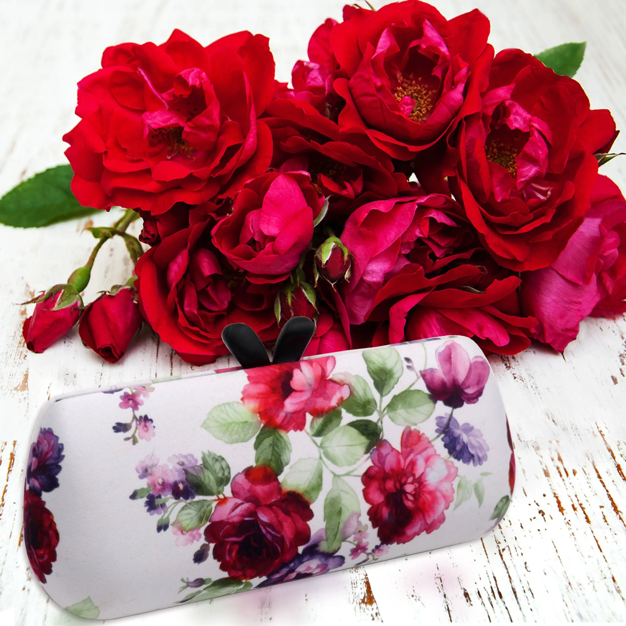 Chic Hard Eyeglass Case - Small Sunglasses Case, Cranberry Rose art by Rachel Rowberry, A mini Accessories Case w/cloth (AS461 Cranberry Rose)