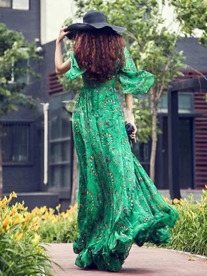 Chiffon Green Flared Sleeves V-neck Maxi Dress