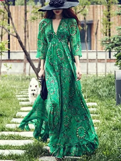 Chiffon Green Flared Sleeves V-neck Maxi Dress