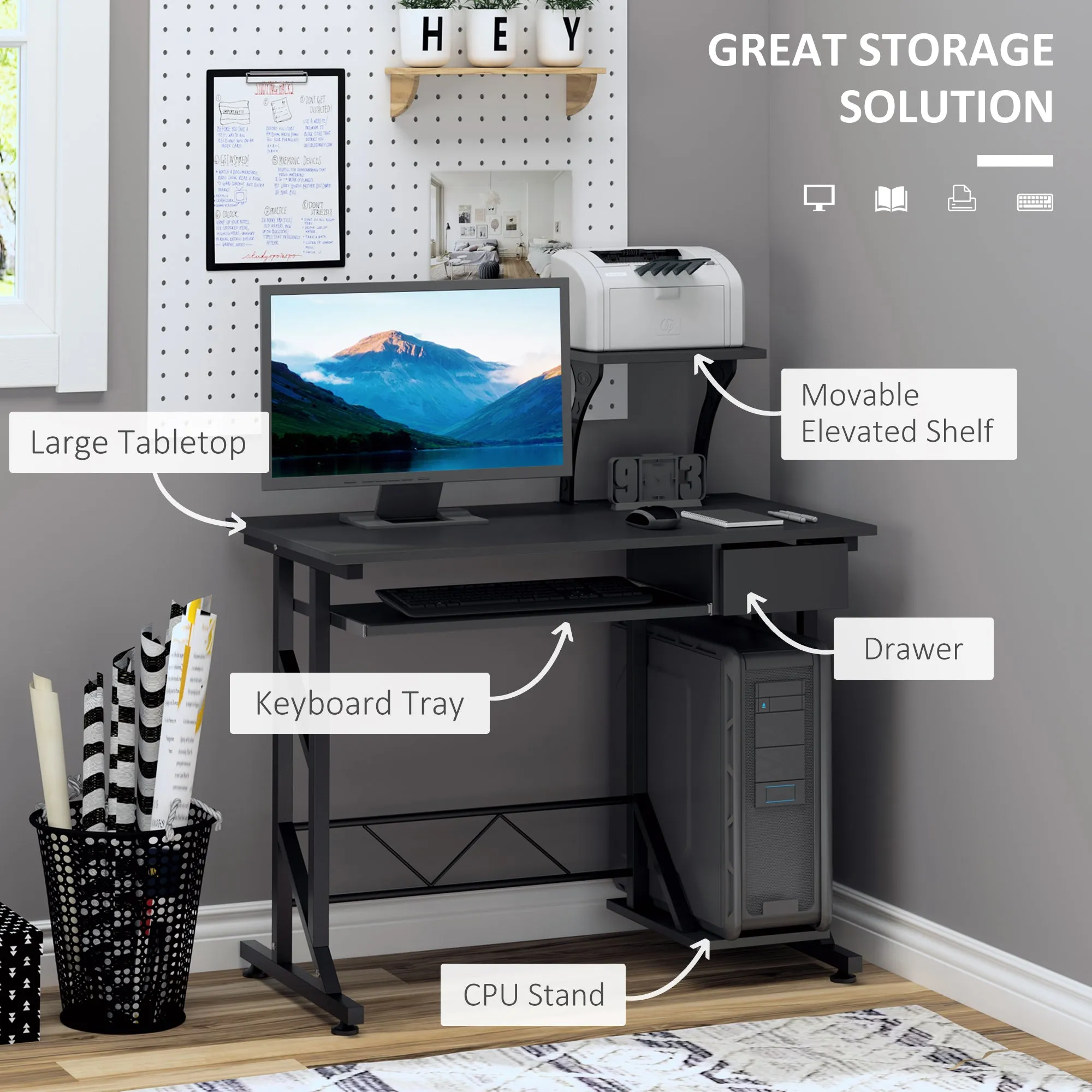 Computer PC Desk Table with Display Stand, Sliding Keyboard Tray Drawer and Host Box Shelf Home Office Workstation Gaming Black