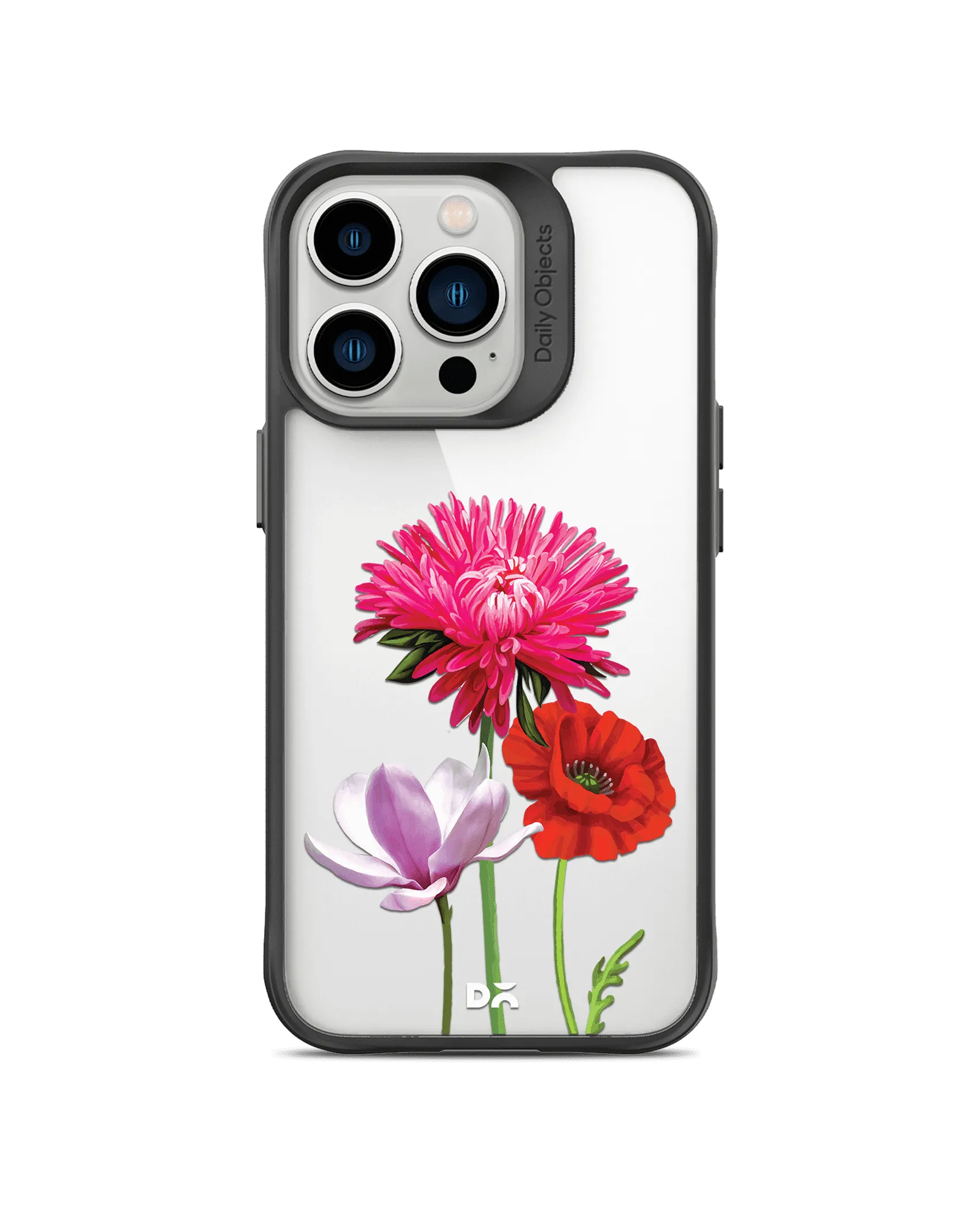 DailyObjects Clear Pink Red & White Flowers Black Hybrid Clear Case Cover For iPhone 13 Pro Max