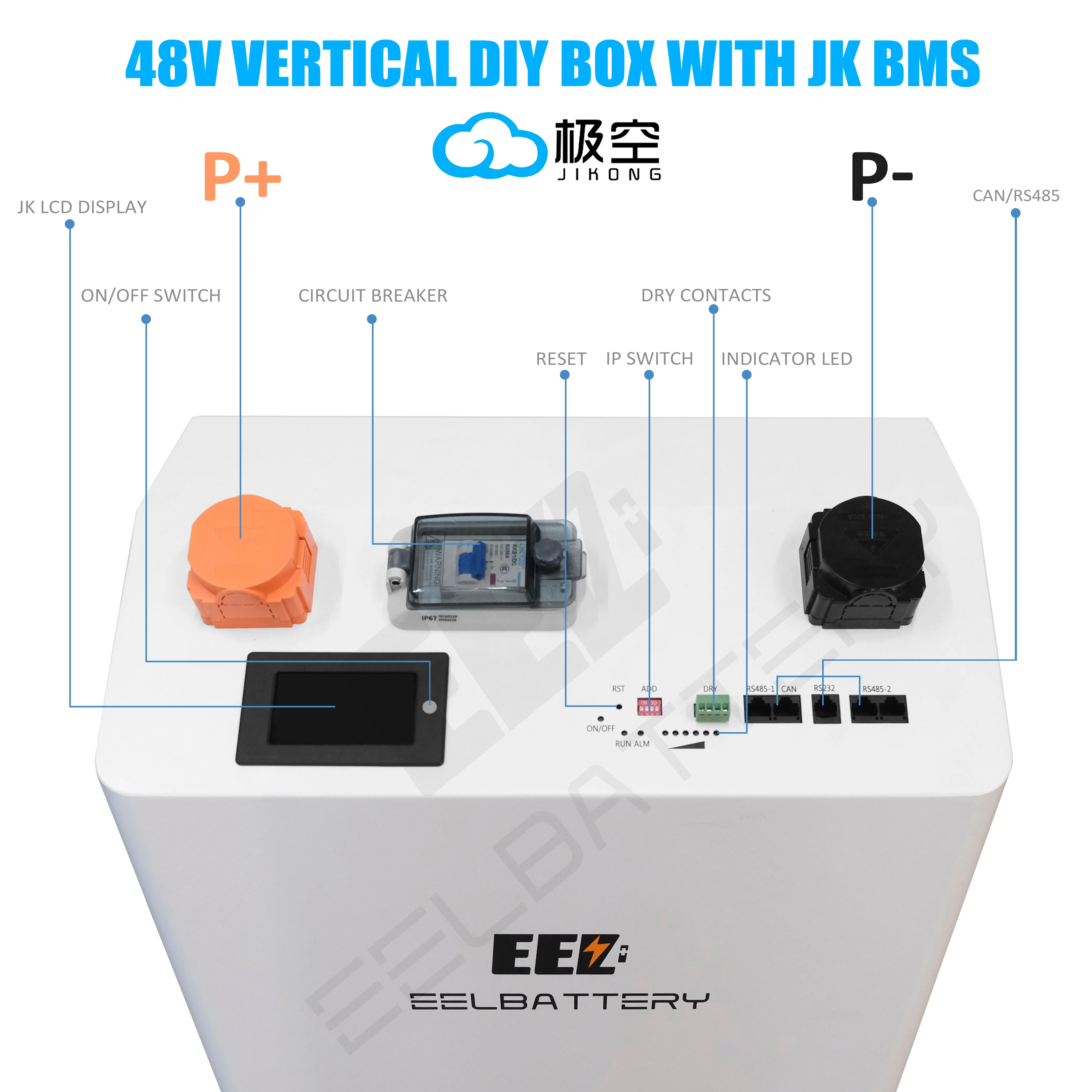 EEL 48V 16S DIY Vertical JK Box DIY Battery Kits with JK Inverter BMS and Wheels