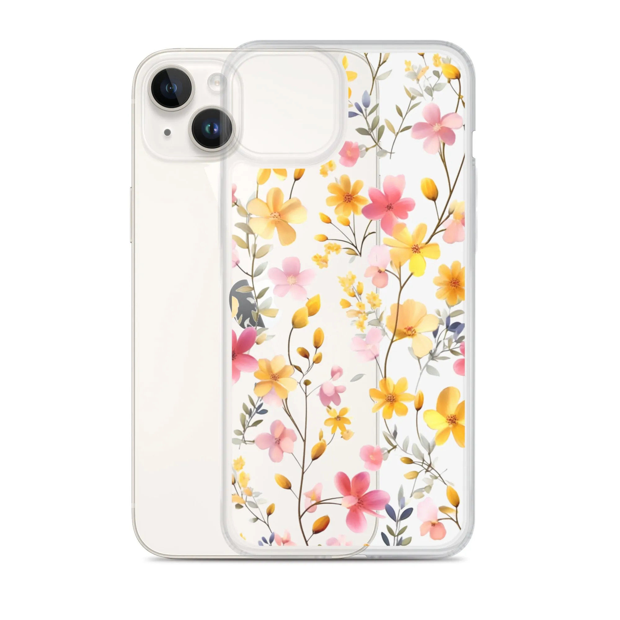 Floral Clear iPhone® 14 Pro Max Case, Yellow Pink Flowers Print Cute Colorful Aesthetic iPhone 13 12 11 Mini SE XS XR X 8 7 Transparent