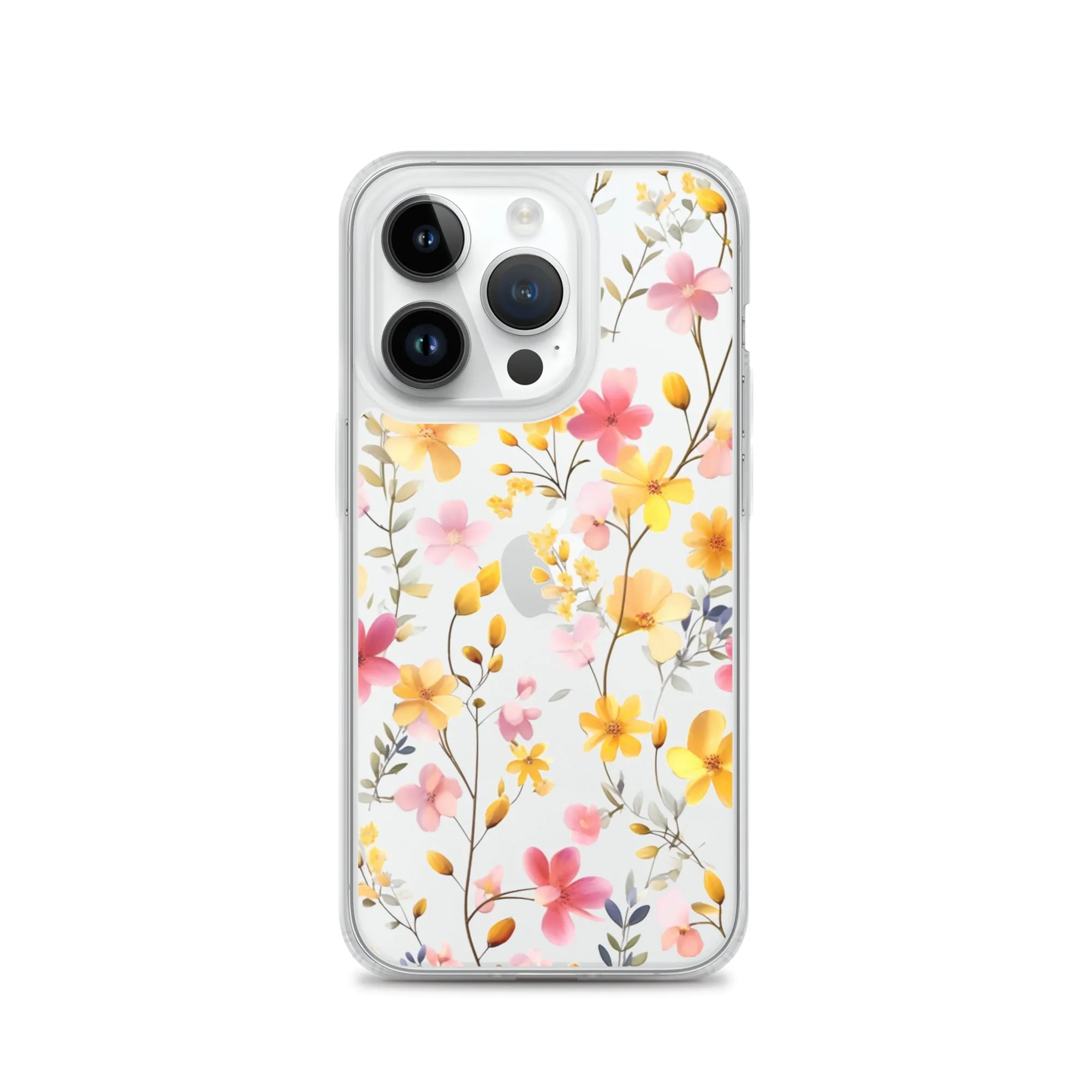 Floral Clear iPhone® 14 Pro Max Case, Yellow Pink Flowers Print Cute Colorful Aesthetic iPhone 13 12 11 Mini SE XS XR X 8 7 Transparent