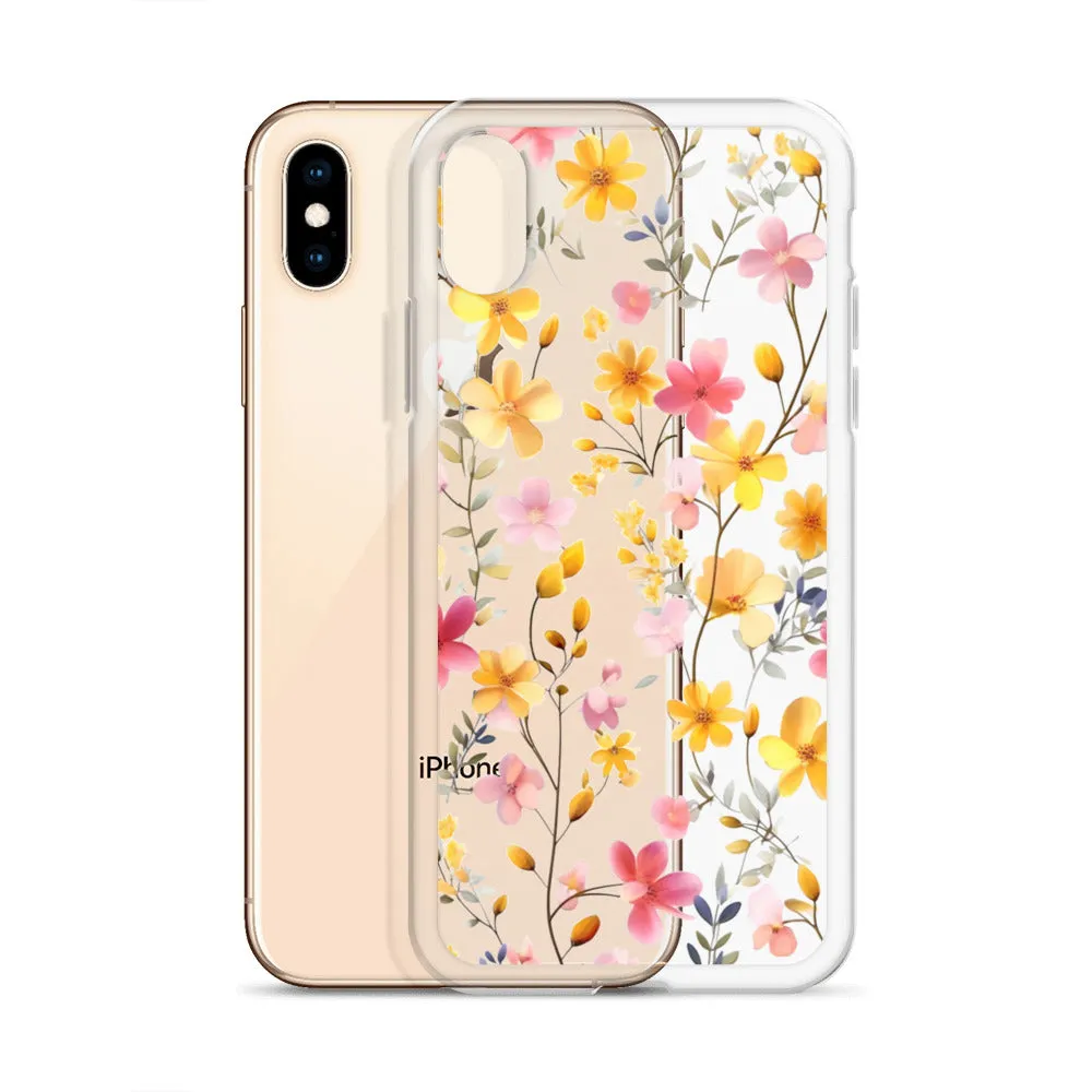 Floral Clear iPhone® 14 Pro Max Case, Yellow Pink Flowers Print Cute Colorful Aesthetic iPhone 13 12 11 Mini SE XS XR X 8 7 Transparent