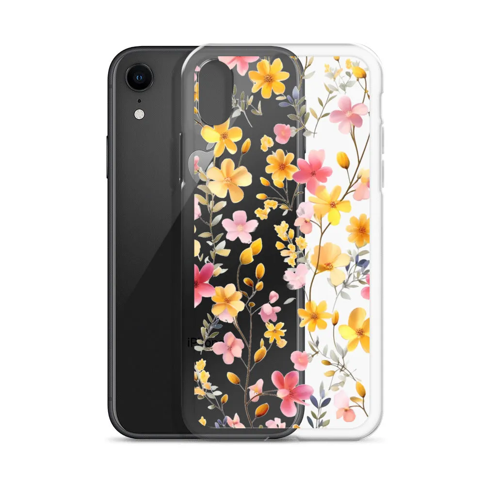 Floral Clear iPhone® 14 Pro Max Case, Yellow Pink Flowers Print Cute Colorful Aesthetic iPhone 13 12 11 Mini SE XS XR X 8 7 Transparent